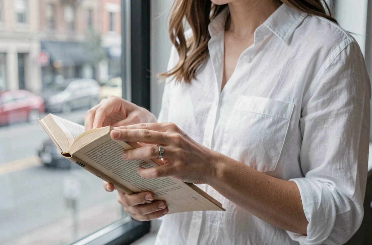 Femme portant une chevalière minimaliste en argent au doigt du milieu, tenant un livre dans un intérieur lumineux