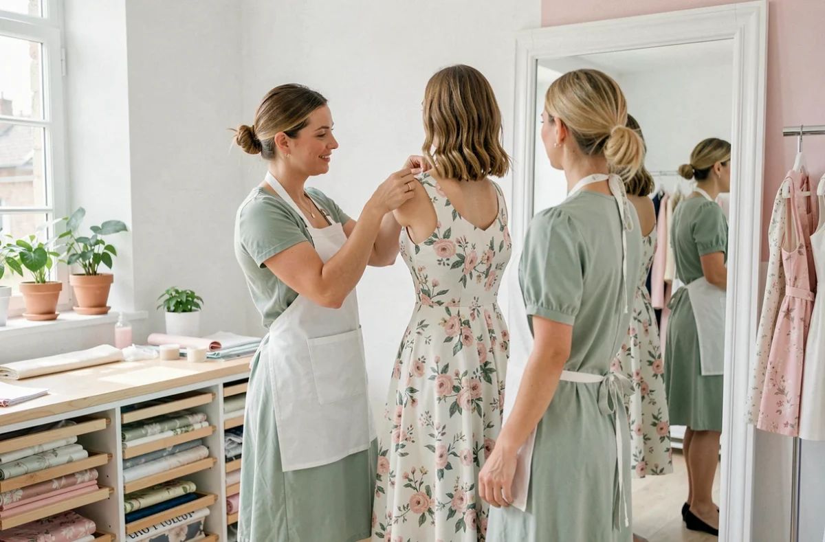 La couturière de Chouet Couture en Centre-Val de Loire ajuste une robe fleurie sur une cliente dans un atelier lumineux et féminin