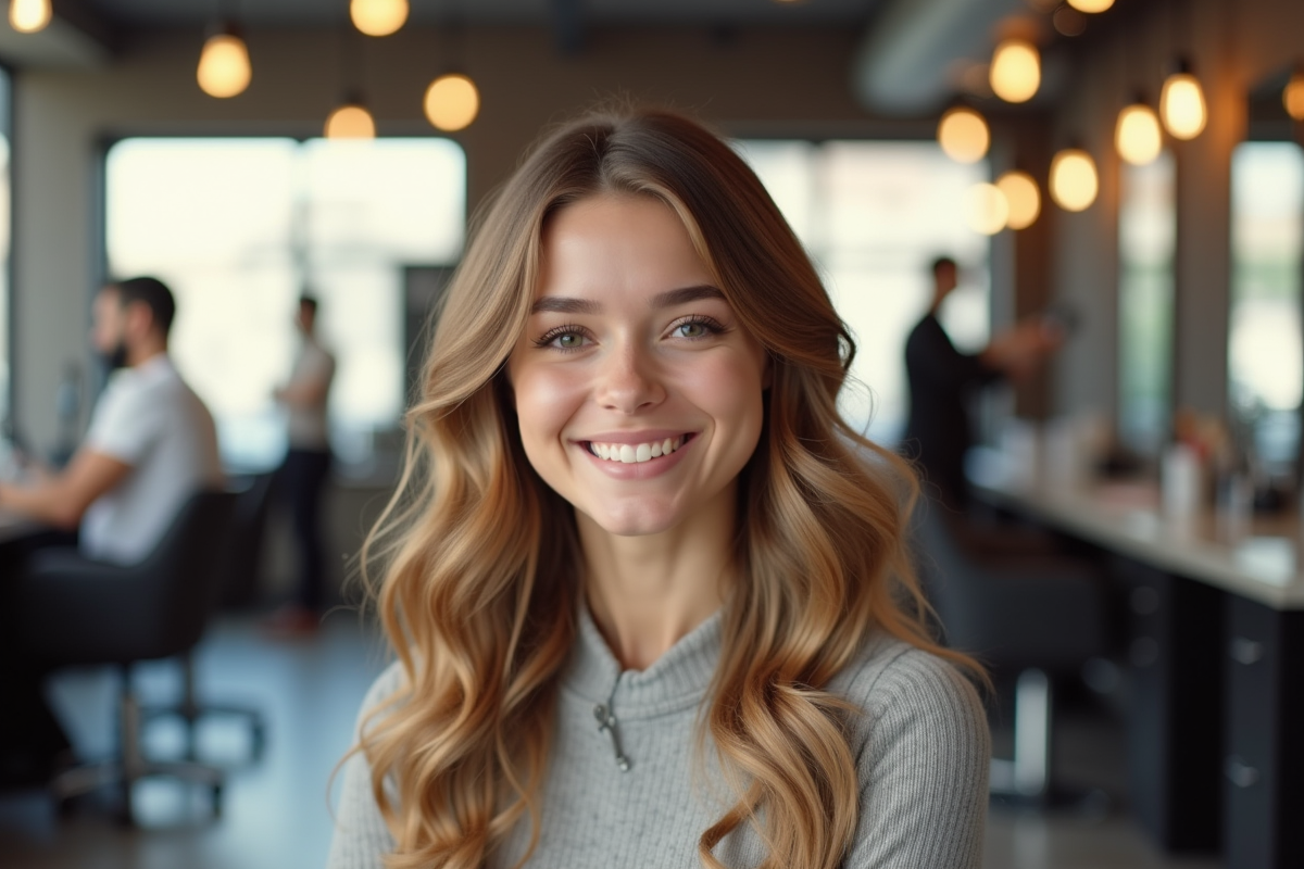 Jeune femme souriante avec coupe longue et ondulée dans un salon moderne