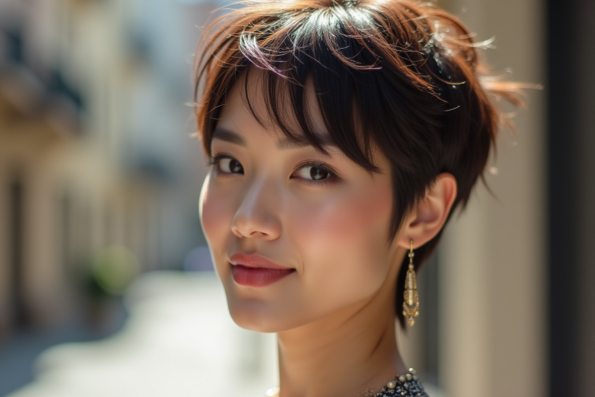 Femme élégante avec coupe pixie en extérieur en journée ensoleillée