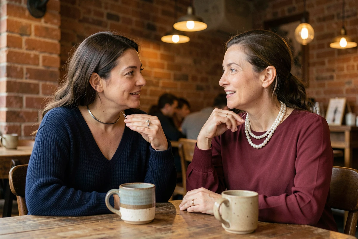 Deux femmes aux morphologies différentes comparant leurs colliers ras de cou dans un café, illustrant les erreurs de style à éviter
