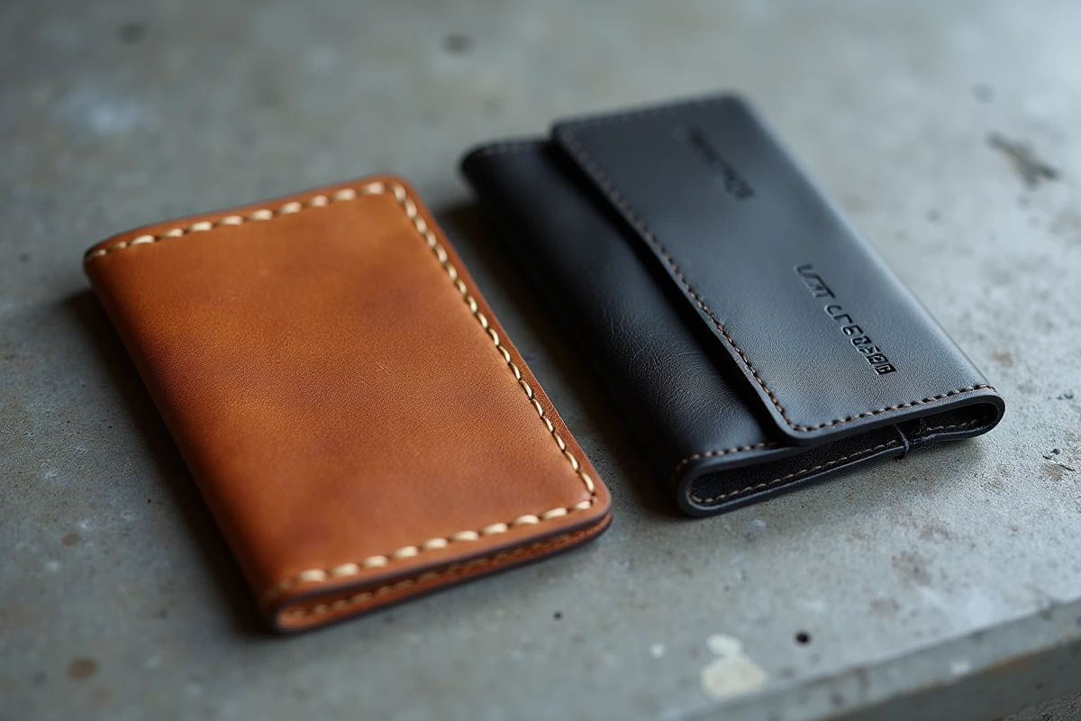 Comparaison de deux porte-cartes homme en cuir tannage végétal et cuir corrigé posés sur béton, détail des textures et coutures pour identifier la qualité