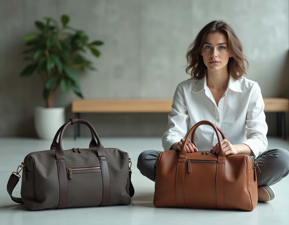 Comparaison entre un sac sport en cuir véritable et un sac en similicuir de mauvaise qualité posés au sol