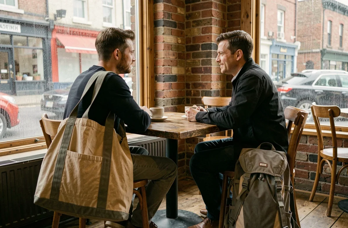 Deux hommes dans un café comparant une grande sacoche en toile et un sac à dos structuré posés près d'eux