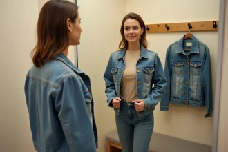Femme comparant deux tailles de vestes en denim australienne et française dans une cabine d'essayage