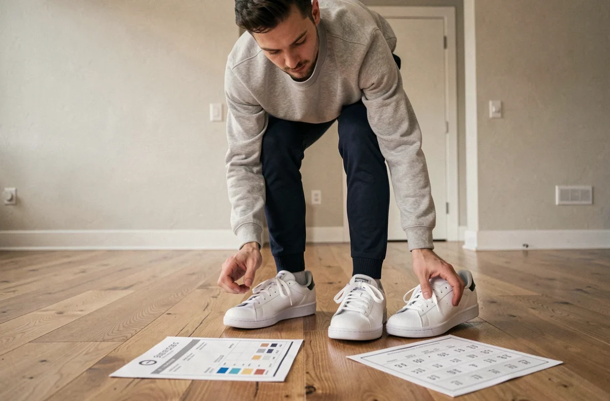 Homme comparant deux tailles de chaussures Adidas côte à côte à domicile