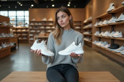 Femme comparant deux paires de chaussures de marques différentes dans un magasin, illustrant les variations de taille UK selon les marques