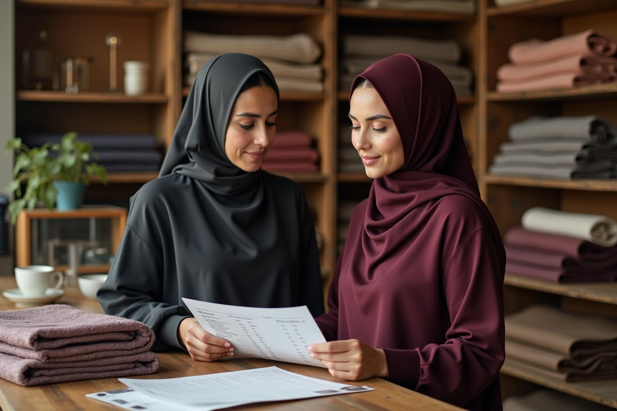 Deux femmes en djilbeb comparant des fiches de tailles et des échantillons de tissu dans une boutique de vêtements islamiques