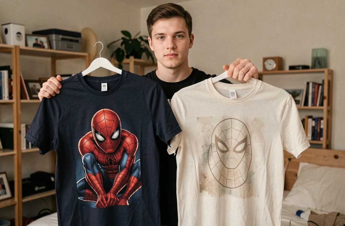 Jeune homme comparant deux t-shirts Spider-Man, l'un authentique et l'autre contrefait, pour illustrer les différences de qualité d'impression