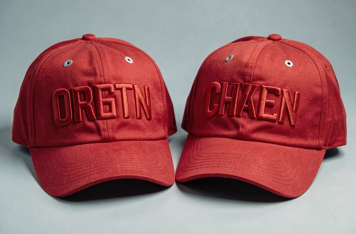 Comparaison côte à côte d'une vraie et d'une fausse casquette America Great Again, mettant en évidence les différences de broderie et de qualité des matériaux