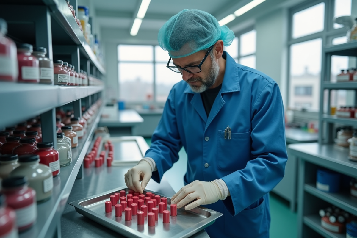 Technicien inspectant des lipstick en laboratoire propre