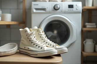 Paire de Converse blanches avec lacets et semelles retirés posés à côté d'un lave-linge avant le lavage