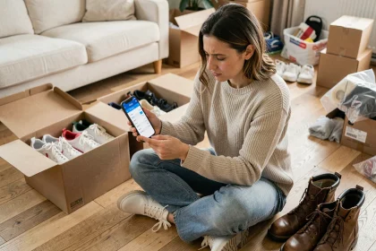 Femme comparant des pointures de chaussures UK et françaises sur son smartphone entourée de boîtes de chaussures