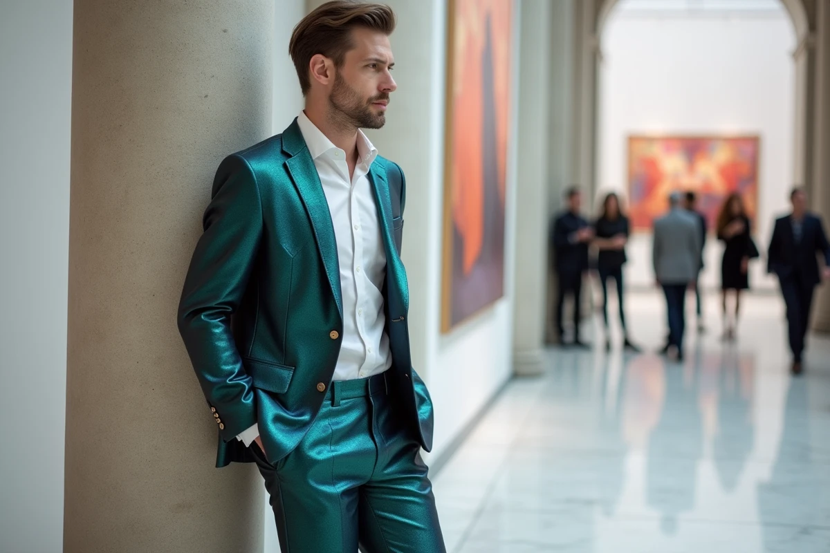 Homme en costume irisé sarcelle Y2K style soirée vernissage galerie d'art contemporain, tendance mode 2026