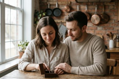 Couple découvrant leurs bagues gravées personnalisées dans un écrin en bois, moment intime et authentique à la maison