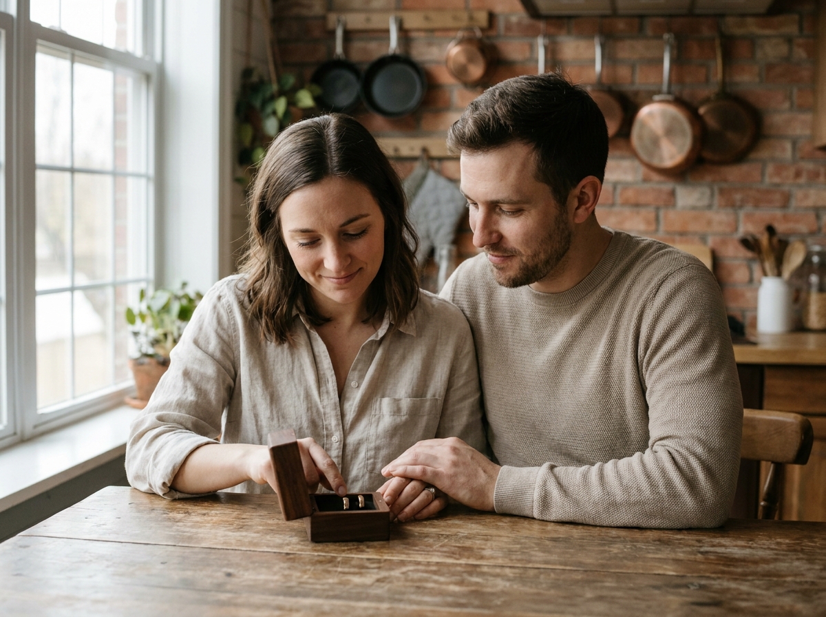 Couple découvrant leurs bagues gravées personnalisées dans un écrin en bois, moment intime et authentique à la maison