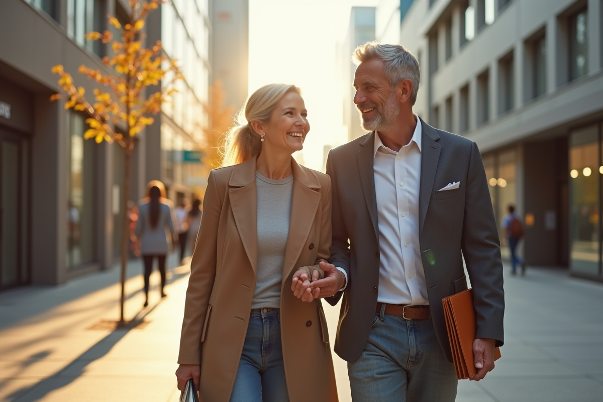 Couple mature marchant dans la ville en journée