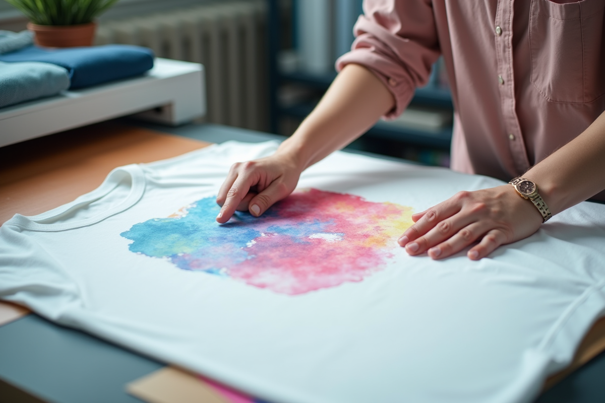 Main de couturier alignant un transfert coloré sur un t-shirt blanc