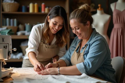 Couturiere ajustant une robe grande taille dans un atelier chaleureux