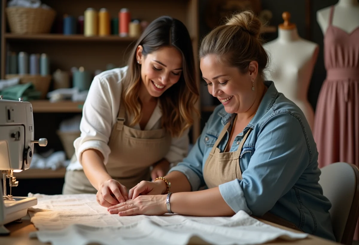 Couturiere ajustant une robe grande taille dans un atelier chaleureux