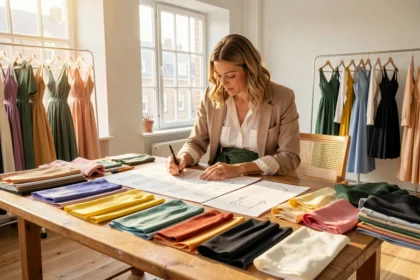 Créatrice de mode dessinant une collection dans son atelier lumineux
