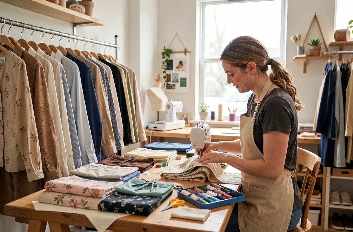 Créatrice de mode préparant une petite série de vêtements dans son atelier