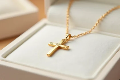 Petite croix en or jaune sur présentoir en velours blanc, bijou pour enfant avec motif gravé et bords arrondis sécurisés