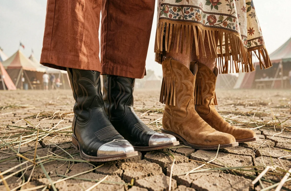 Détail de deux paires de cowboy boots western portées sur un sol de festival, en cuir noir et en daim caramel avec franges