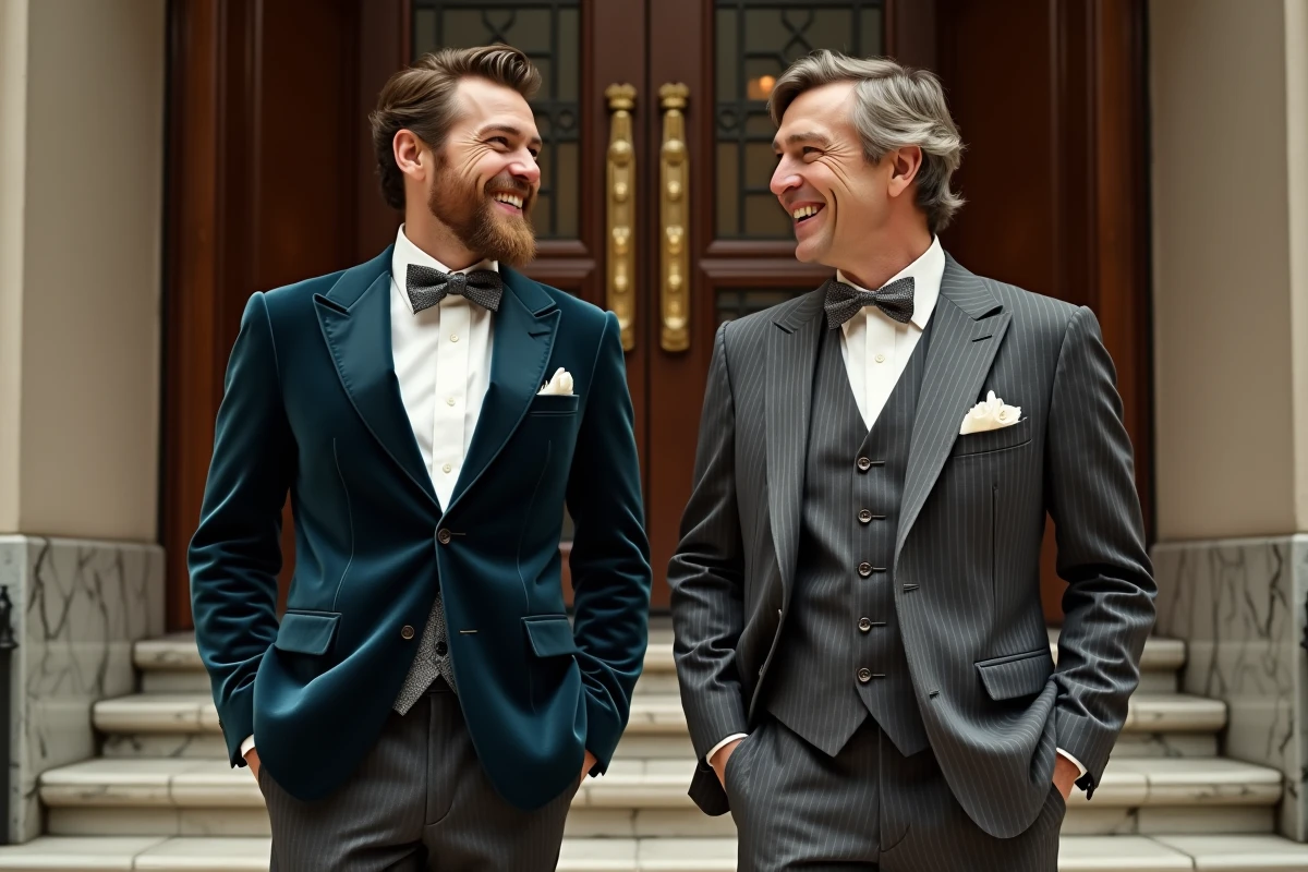 Deux hommes en costumes élégants années 80 devant une salle de réception Art Déco pour un mariage à thème vintage