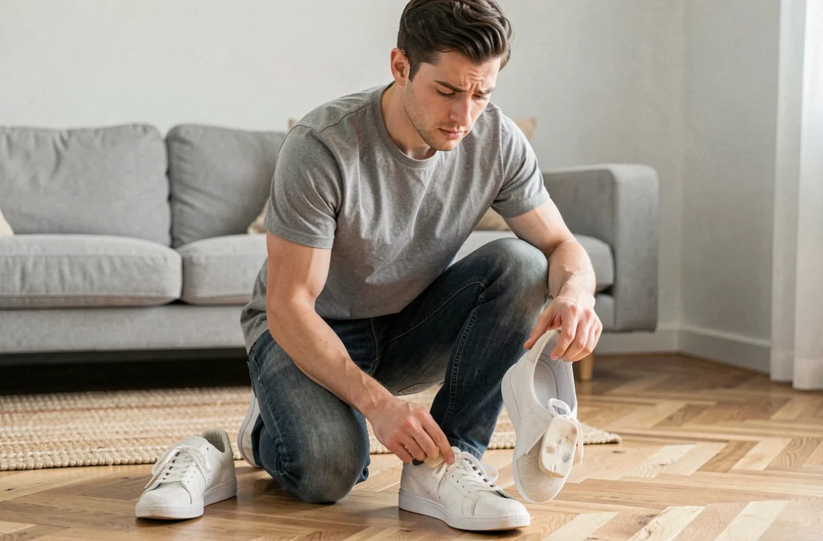 Jeune homme utilisant une gomme spéciale pour effacer une tache sur une basket en daim blanc dans un salon moderne