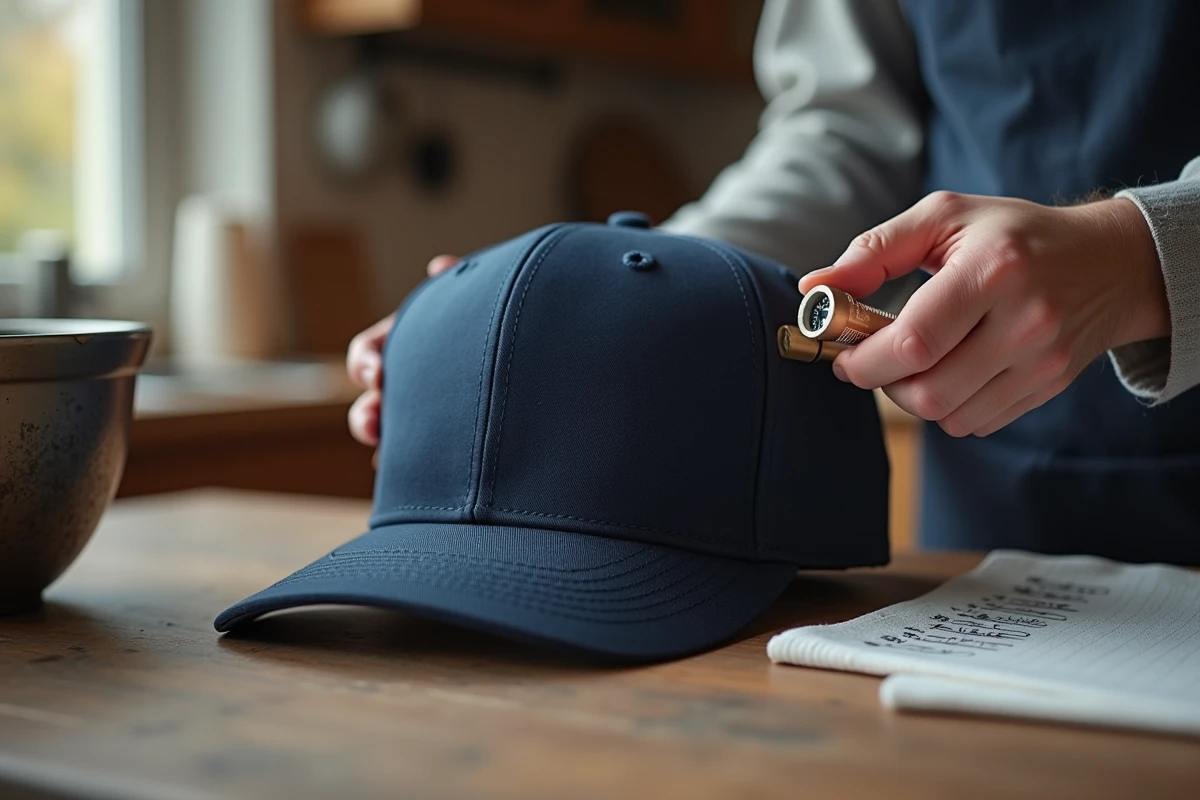 Deux paires de mains utilisant un écarteur pour agrandir une casquette marine sur une table en bois rustique