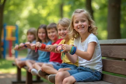 Groupe d'enfants avec bracelets paracord color&eacute;s en plein air