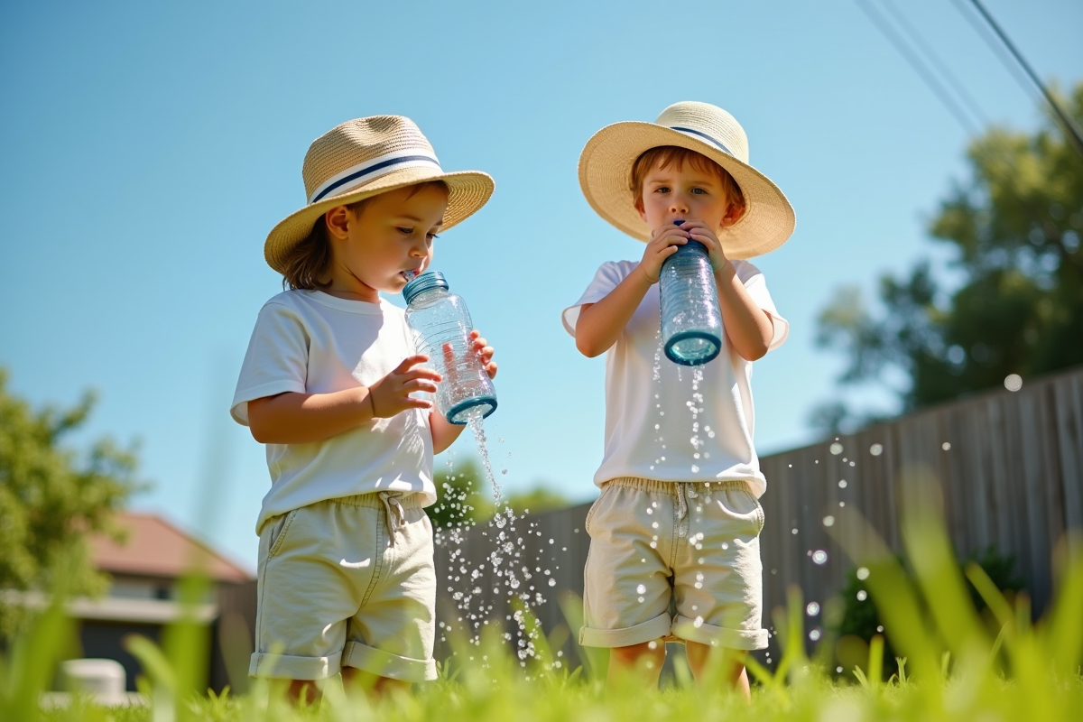 Deux enfants jouent avec de l'eau dans un jardin ensoleille