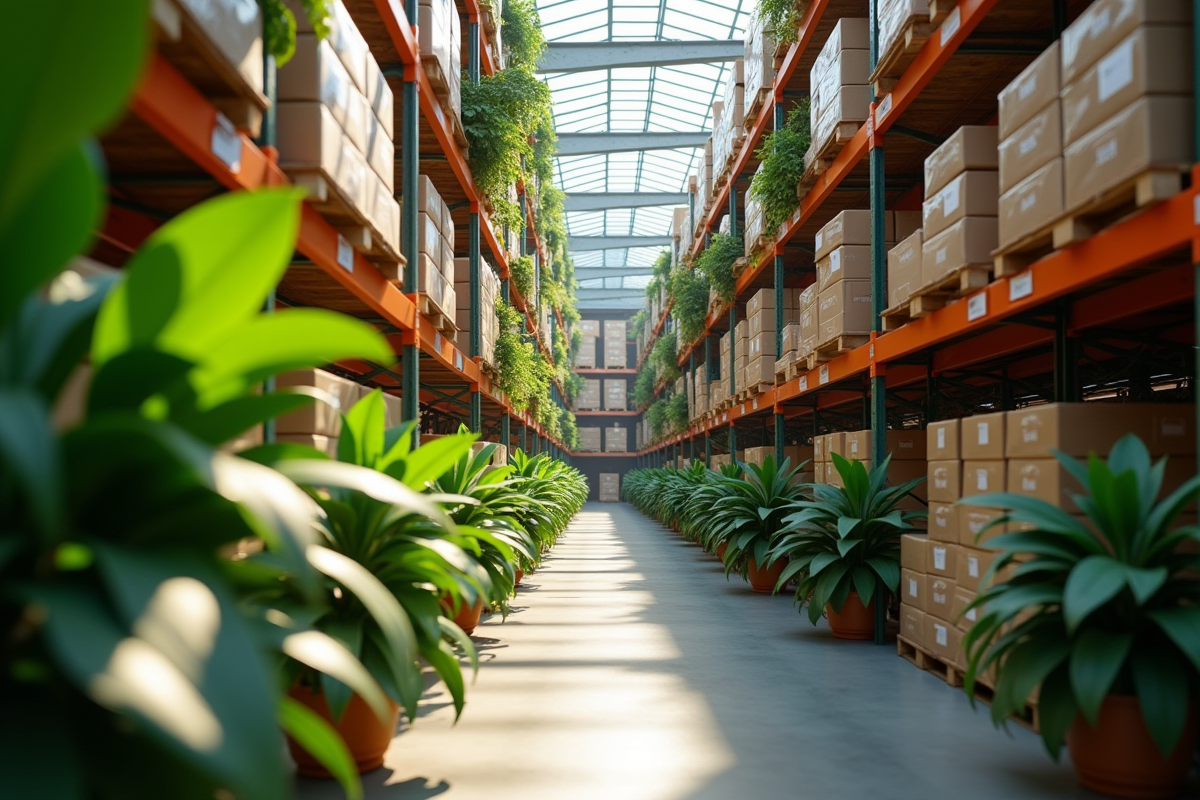 Entrepot de mode avec colis ASOS et plantes vertes