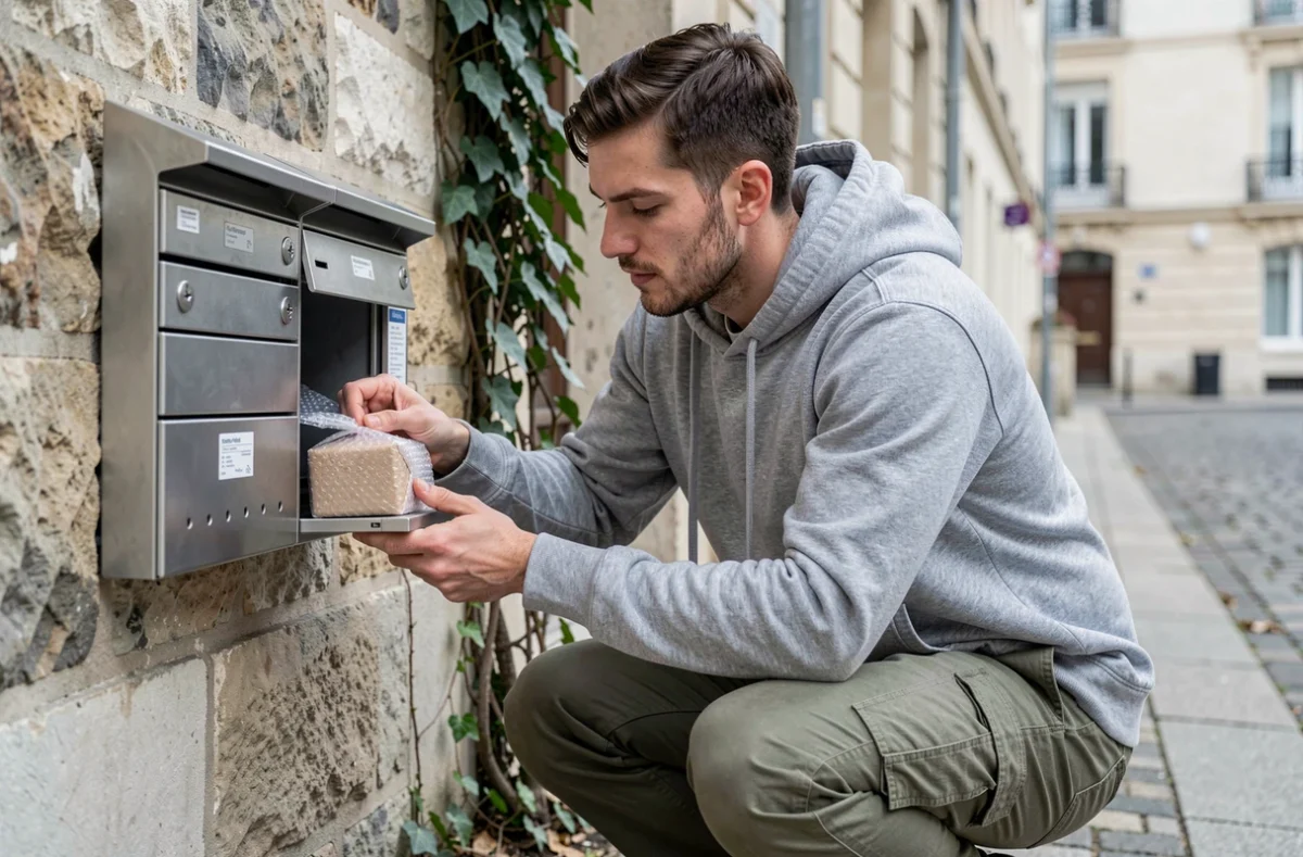 Homme déposant un petit colis dans une boîte aux lettres d'immeuble en ville