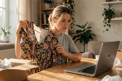 Femme comparant une robe reçue en ligne avec la photo du site e-commerce, déçue par la différence de rendu