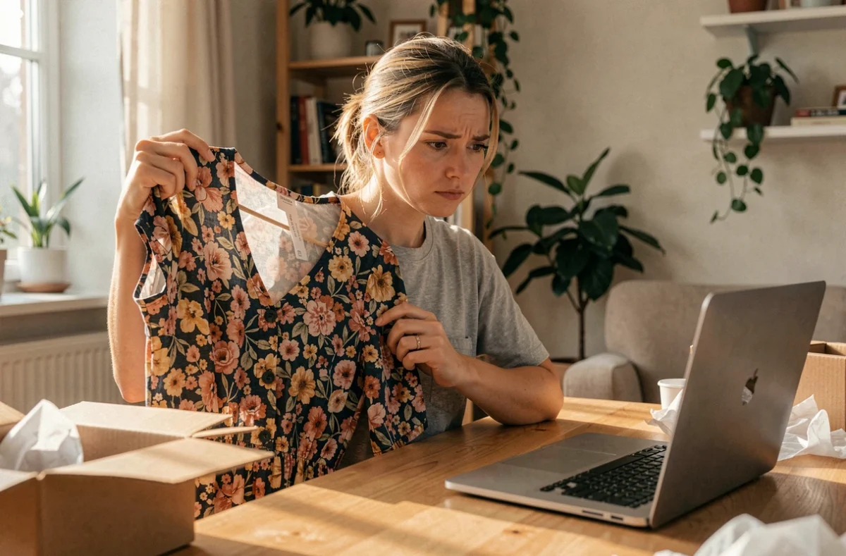 Femme comparant une robe reçue en ligne avec la photo du site e-commerce, déçue par la différence de rendu