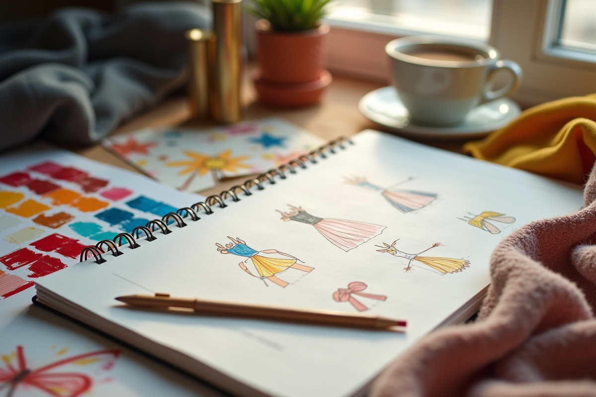 Espace créatif avec croquis de mode et échantillons de tissus