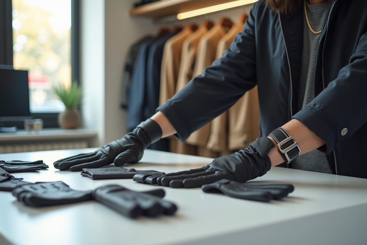 Personne essayant différents gants dans un magasin moderne