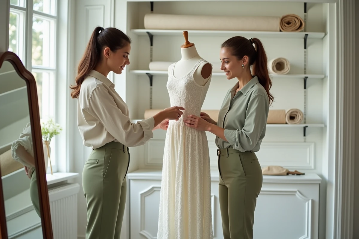 Cliente en essayage d'une robe en dentelle ancienne lors d'une retouche délicate dans une boutique à Sainte-Geneviève-des-Bois