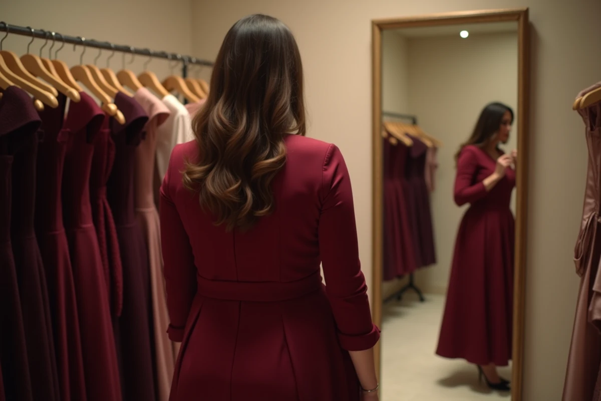 Femme ronde et petite essayant une robe mi-longue bordeaux coupe empire dans une cabine d'essayage moderne