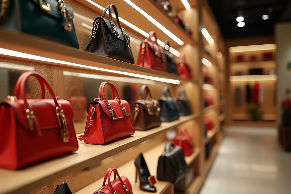 Vitrine de sacs et chaussures de luxe avec prix en promotion