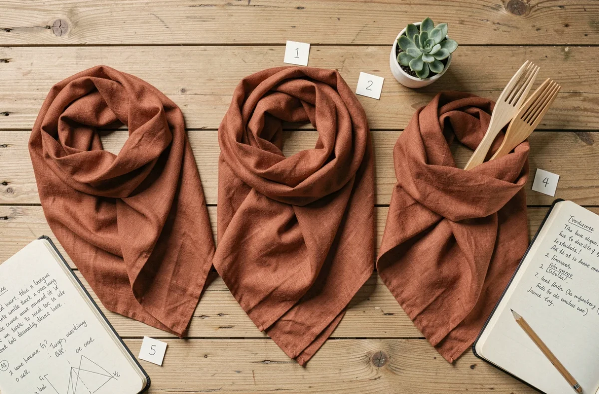 Flat-lay pédagogique montrant les étapes de pliage d'un foulard cheche terracotta sur une table en bois clair