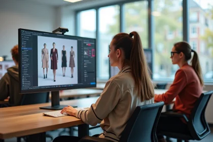 Groupe d'&eacute;tudiants en mode travaillant sur des simulations 3D