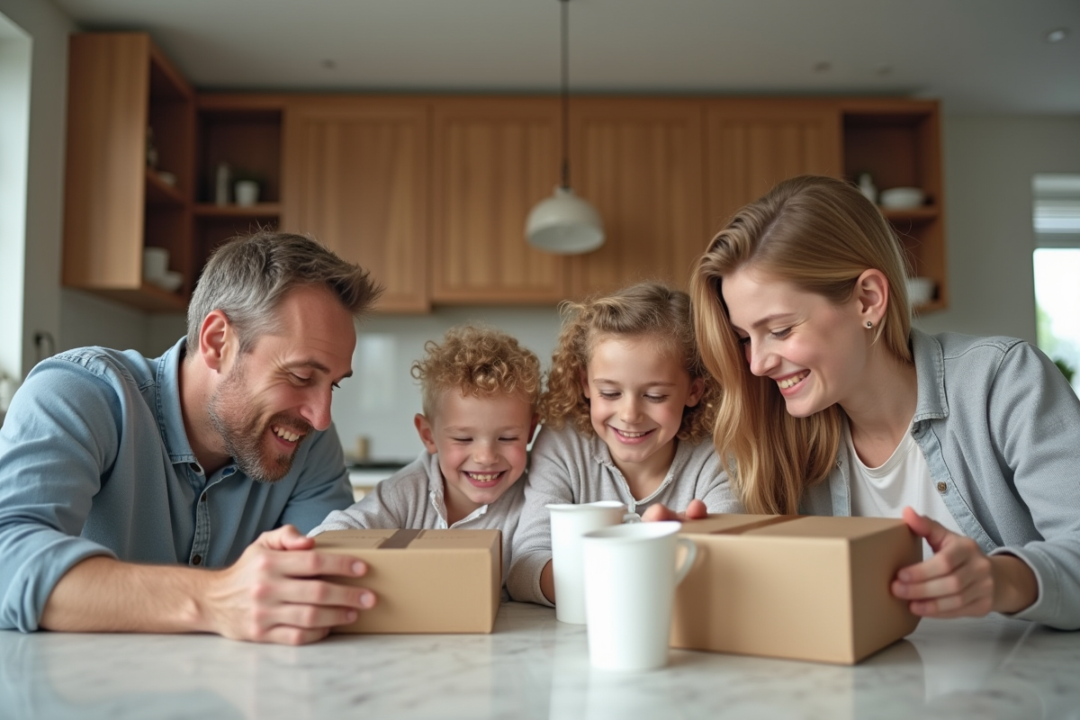 Famille française découvrant des produits à la maison