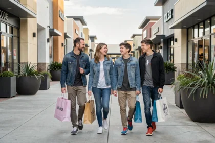 Famille faisant du shopping dans un outlet center moderne avec des sacs de marques mode et sport