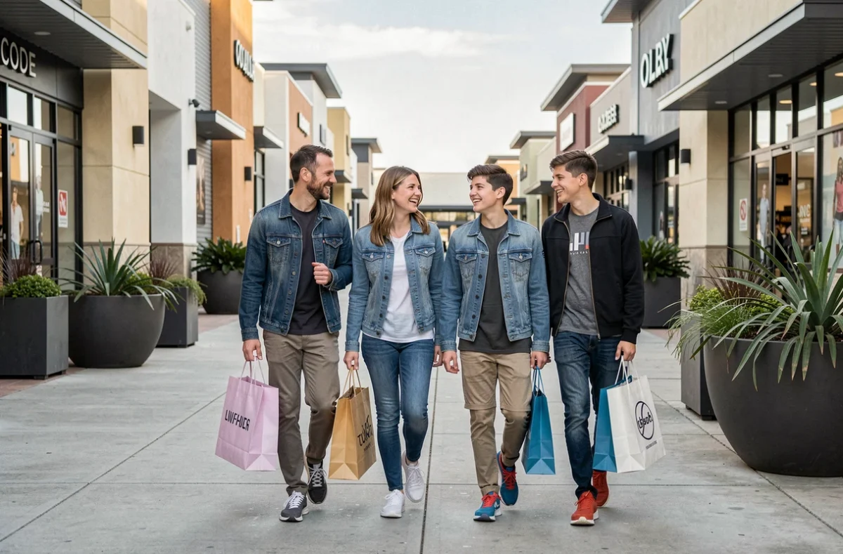 Famille faisant du shopping dans un outlet center moderne avec des sacs de marques mode et sport