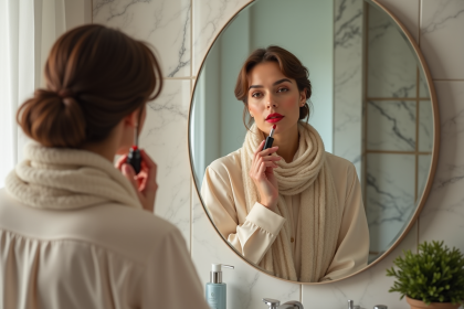 Femme &eacute;l&eacute;gante appliquant du rouge &agrave; l&egrave;vres devant un miroir