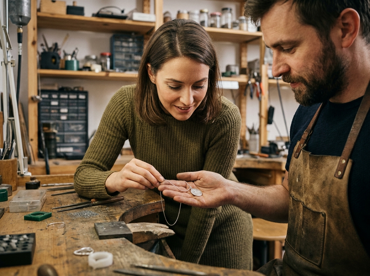 Femme choisissant un bijou de couple personnalisé chez un artisan joaillier dans son atelier