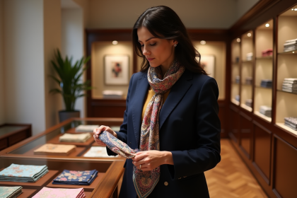 Femme élégante examine un foulard en boutique